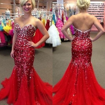 Mermaid red tulle prom dresses sweetheart crystals women dresses