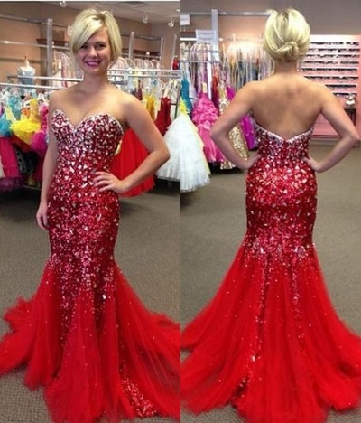 Mermaid Red Tulle Prom Dresses Sweetheart Crystals Women Dresses