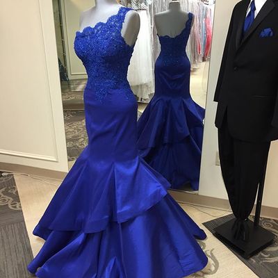 One shoulder mermaid satin prom dresses lace women party dresses