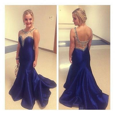 Backless mermaid satin prom dresses scoop neck crystals women dresses
