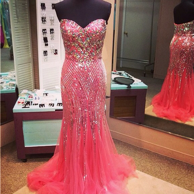 Mermaid tulle prom dresses crystals sweetheart neck women party dresses