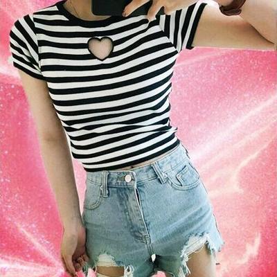 Hollow heart slim striped tee - Thumbnail 5