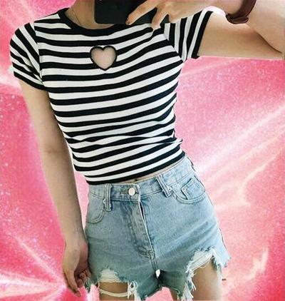 Hollow Heart Slim Striped Tee