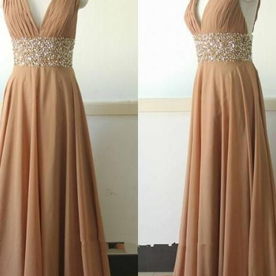 V-neck long chiffon prom dresses crystals pleat women party dresses