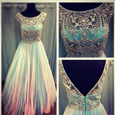 Scoop neck long tulle prom dresses open back crystals women party dresses