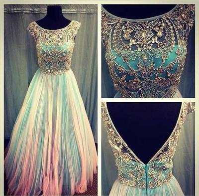 Scoop neck Long Tulle Prom Dresses Open Back Crystals Women Party Dresses