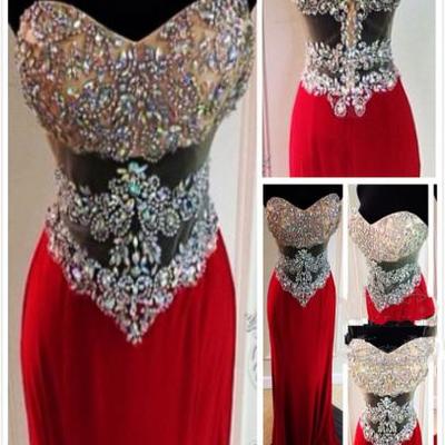 Sweetheart neck red chiffon prom dresses crystals floor length women party dresses