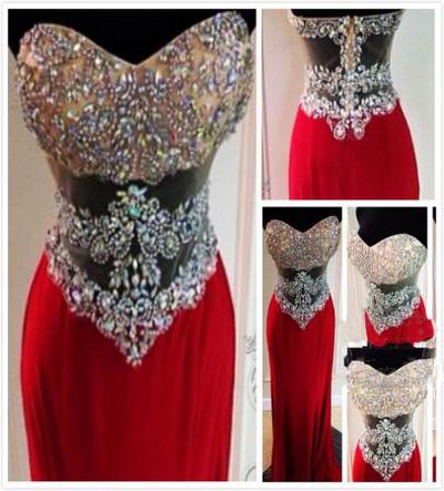 Sweetheart neck Red Chiffon Prom Dresses Crystals Floor Length Women party Dresses