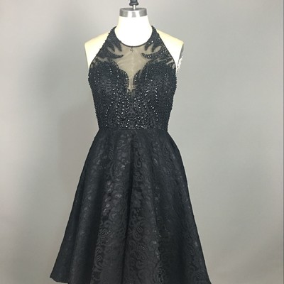 Halter neck black lace prom dresses crystals women party dresses