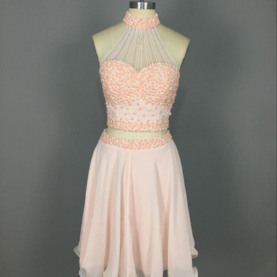 Halter neck chiffon prom dresses crystals two pieces women party dresses
