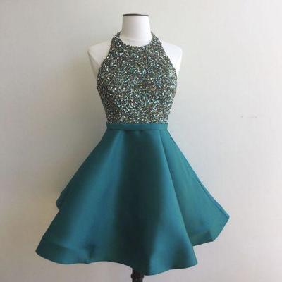 Halter neck short satin prom dresses beaded women party dresses