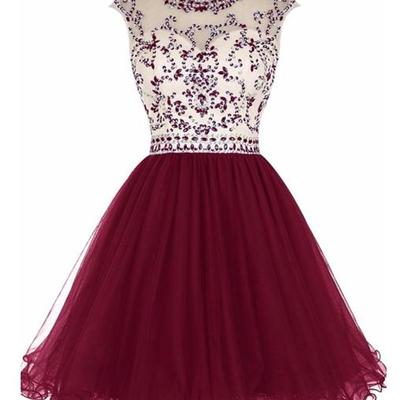 Scoop neck short tulle prom dresses crystals beaded women dresses