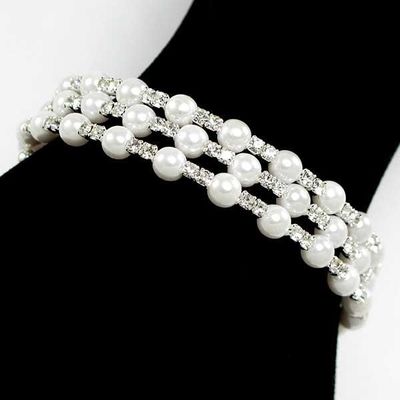 Silver w/rhinestone & pearl memory wire coil bangle bracelet
