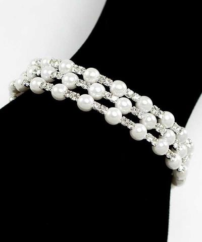 Silver w/Rhinestone & Pearl Memory Wire Coil Bangle Bracelet
