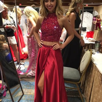 Two pieces red satin prom dresses crystals women party dresses