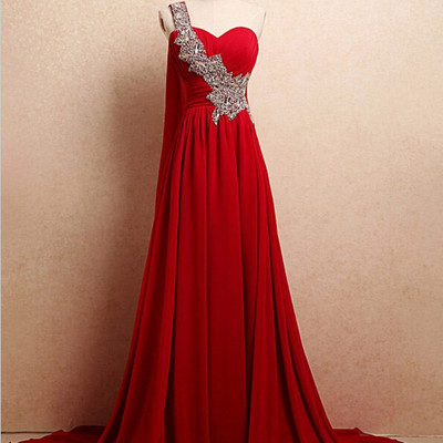 One shoulder long red chiffon prom dresses crystals floor length women dresses