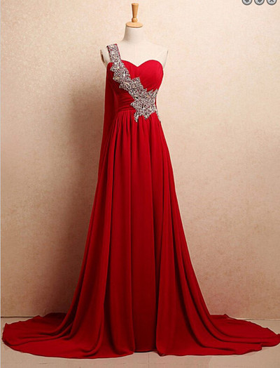 One Shoulder Long Red Chiffon prom Dresses Crystals Floor Length Women Dresses