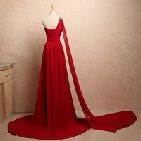 One Shoulder Long Red Chiffon prom Dresses Crystals Floor Length Women Dresses - Thumbnail 1