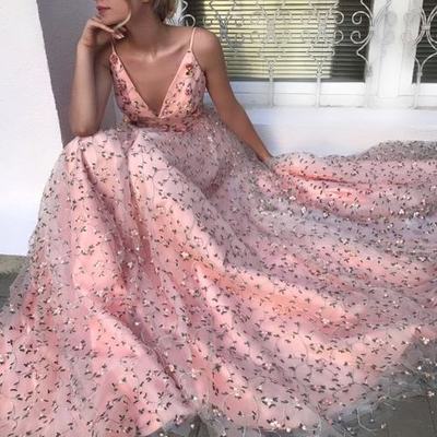 Stylish pink v neck tulle long prom dress, pink evening dresses