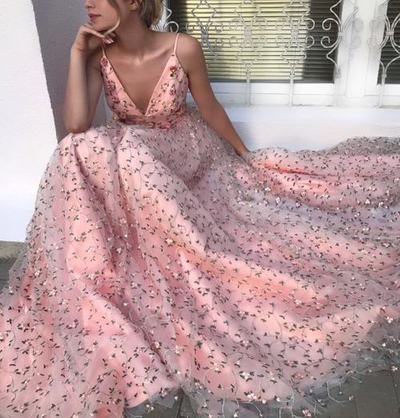 Stylish pink v neck tulle long prom dress, pink evening dresses