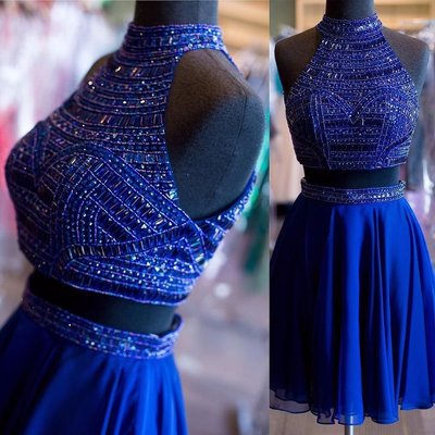 Halter neck short chiffon prom dresses crystals two pieces women dresses