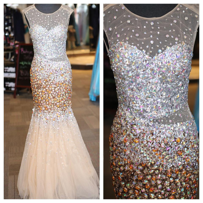 Scoop neck mermaid tulle prom dresses crystals floor length women dresses 2017