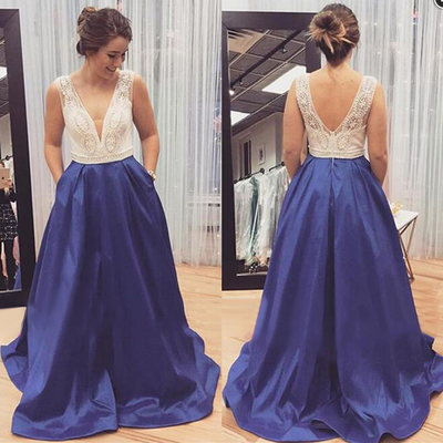 Deep v-neck royal blue satin prom dresses lace women party dresses