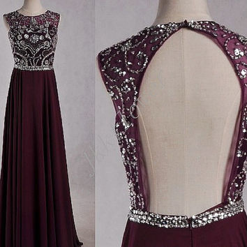 Open Back Chiffon Prom Dresses Scoop Neck Crystals Women Party Dresses