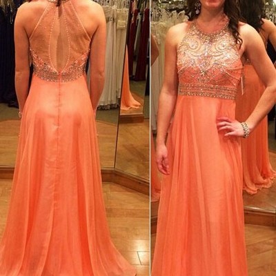 Scoop neck long chiffon prom dresses crystals women party dresses