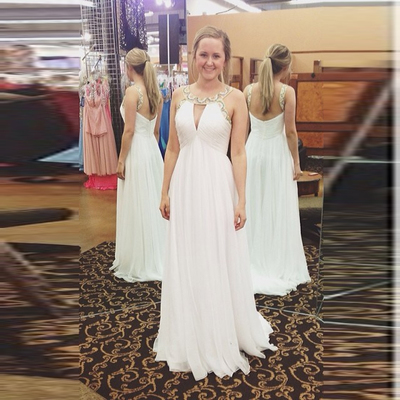 Open back white chiffon prom dresses crystals women party dresses