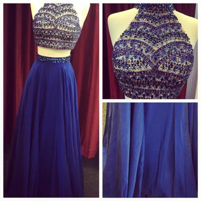 Two pieces long chiffon prom dresses crystals halter neck women party dresses