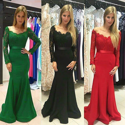 Long sleeves mermaid chiffon prom dresses  scoop neck women dreses - Thumbnail 4