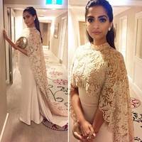 Elegant High Neck Lace Cloak Evening Dresses Long Mermaid Beaded Ceystal Formal Prom Dress Vestido De Festa E86 - Thumbnail 1