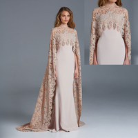 Elegant High Neck Lace Cloak Evening Dresses Long Mermaid Beaded Ceystal Formal Prom Dress Vestido De Festa E86 - Thumbnail 2