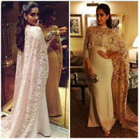 Elegant High Neck Lace Cloak Evening Dresses Long Mermaid Beaded Ceystal Formal Prom Dress Vestido De Festa E86 - Thumbnail 3