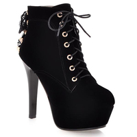 Cute Black High Heel Boots with Lace Detail - Thumbnail 2