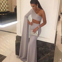 Sexy Prom Dresses One-shoulder Two Piece Long Sleeves Satin Mermaid Prom Evening Dresses E89 - Thumbnail 1