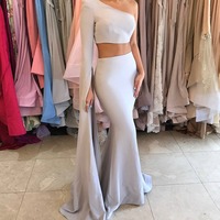 Sexy Prom Dresses One-shoulder Two Piece Long Sleeves Satin Mermaid Prom Evening Dresses E89 - Thumbnail 3