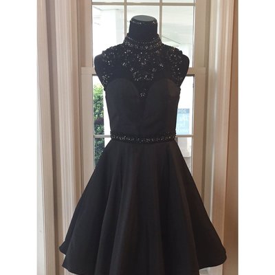 High neck black satin prom dresses crystals women party dresses - Thumbnail 5