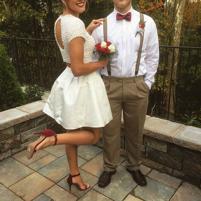 Two pieces white satin prom dresses crystals women dresses