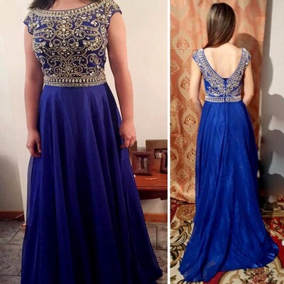 Blue chiffon prom dresses scoop neck crystals floor length women dresses