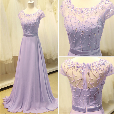 Scoop neck long purple chiffon prom dresses floor length women party dresses - Thumbnail 1