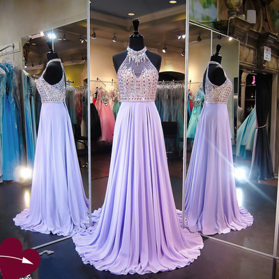 Halter neck purple chiffon prom dresses crystals floor length women dresses - Thumbnail 3