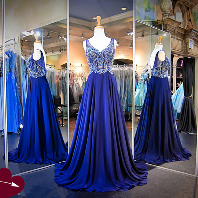 V-neck long chiffon prom dresses crystals floor length women party dresses - Thumbnail 4