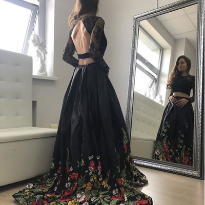 Black a-line two pieces long sleeve prom dress,long sleeve evening dress - Thumbnail 4