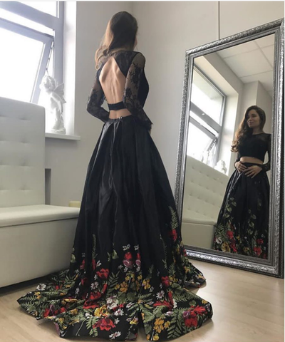 Black A-Line two pieces long sleeve prom dress,long sleeve evening dress