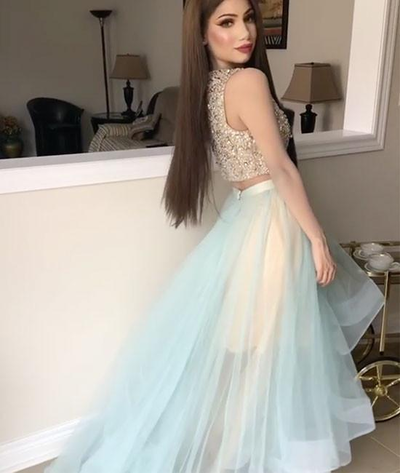 Ice Blue Two Piece Sparkly Beaded Organza Long Prom Dresses