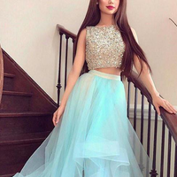 Ice Blue Two Piece Sparkly Beaded Organza Long Prom Dresses - Thumbnail 1