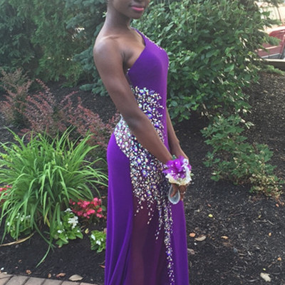One shoulder sheath chiffon purple prom dresses crystals women party dresses