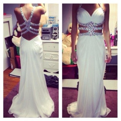 Halter neck sheath chiffon prom dresses crystals floor length women dresses - Thumbnail 3